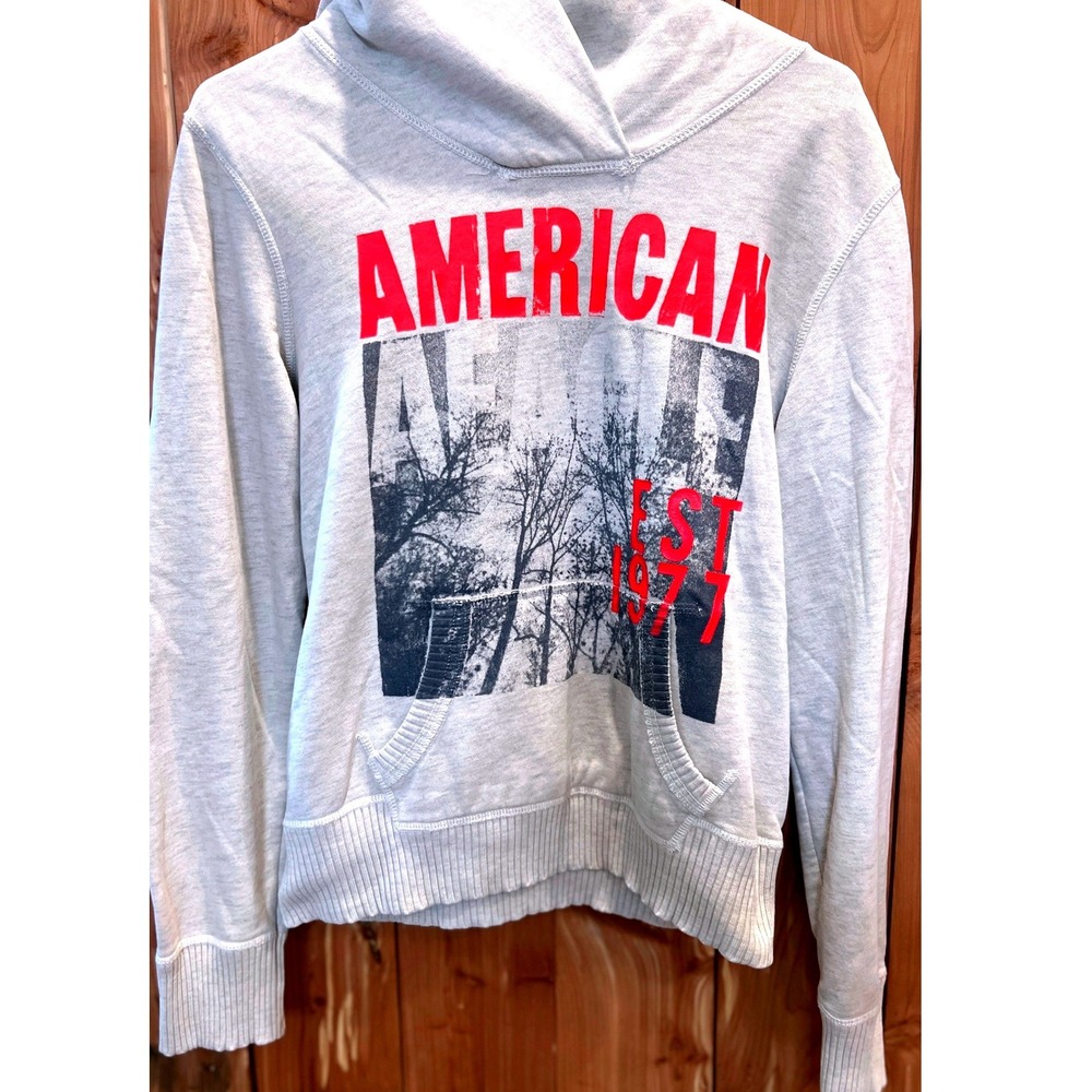 American Eagle Hoodie Women  M Grey Good Graphic Y2K Tree Print‎ Sweatshirt